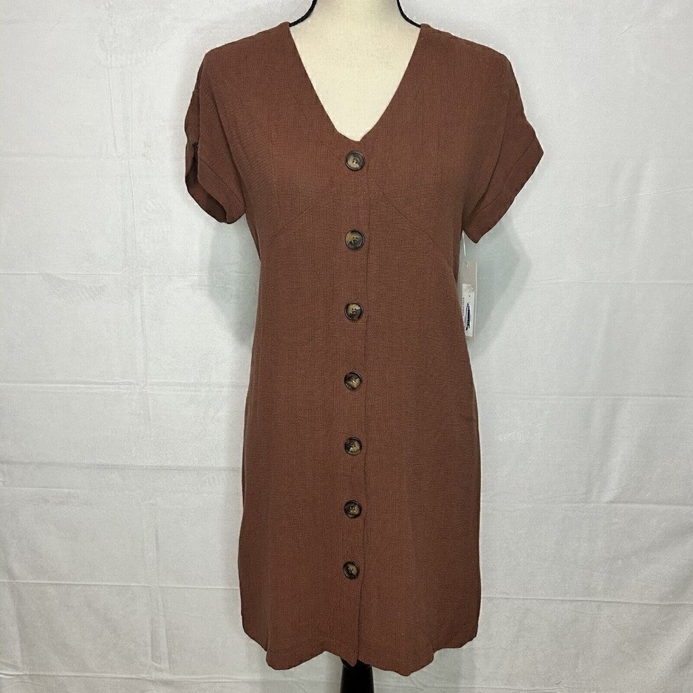 Fourteen & 9th V-Neck Button Front Cap Sleeve Linen Blend Dress Brown Sz M NWT